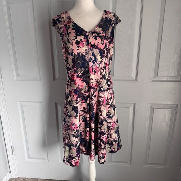 Taylor Woman Size 20W Pink Navy Floral Fit & Flare Dress Pockets Stretch - Picture 1 of 8